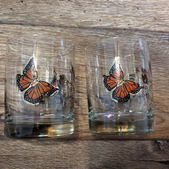 vintage couroc butterfly glasses Set of 2  MCM Orange Butterflies Low ball Glass - Picture 2 of 7